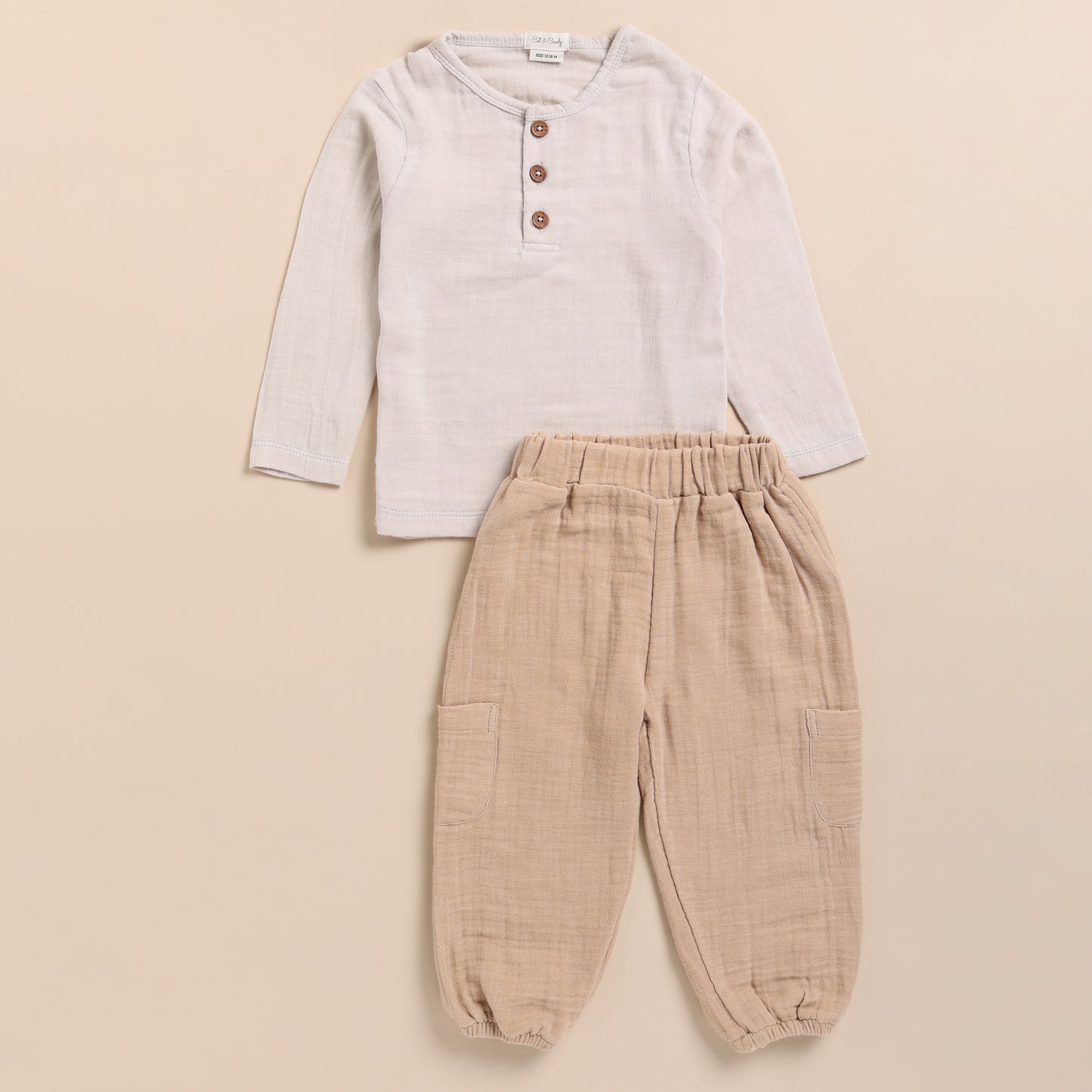 Oatmeal + Latte Organic Muslin Long Sleeve Henley Tshirt With Lounge Pant Set
