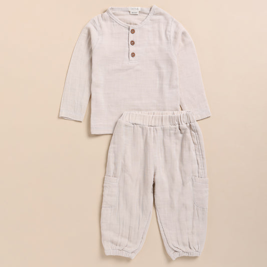 Oatmeal Organic Muslin Long Sleeve Henley Tshirt With Lounge Pant Set