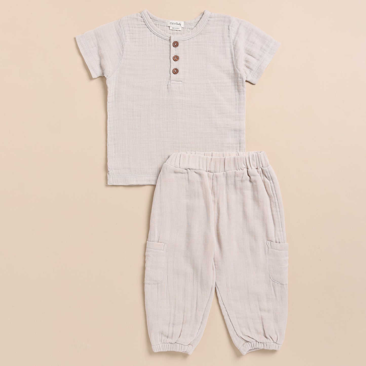 Oatmeal Organic Muslin Short Sleeve Henley Tshirt With Lounge Pant Set