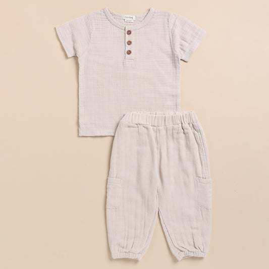 Oatmeal Organic Muslin Short Sleeve Henley Tshirt With Lounge Pant Set