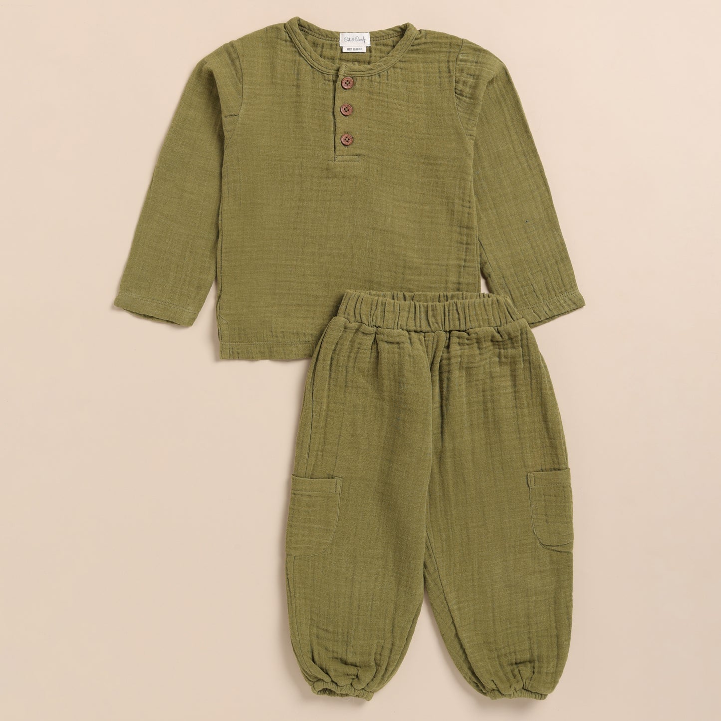 Olive Organic Muslin Long Sleeve Henley Tshirt With Lounge Pant Set