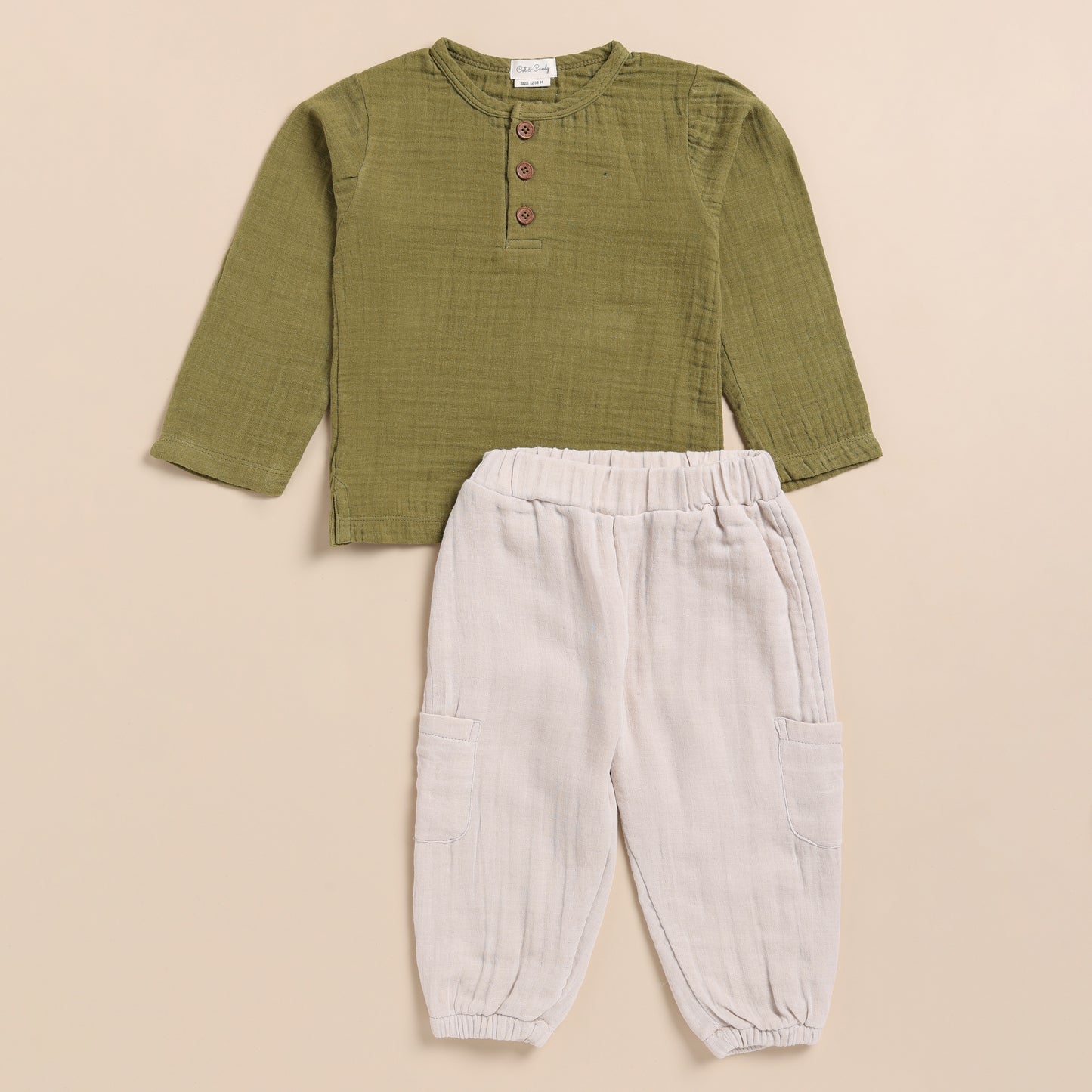 Olive + Oatmeal Organic Muslin Long Sleeve Henley Tshirt With Lounge Pant Set