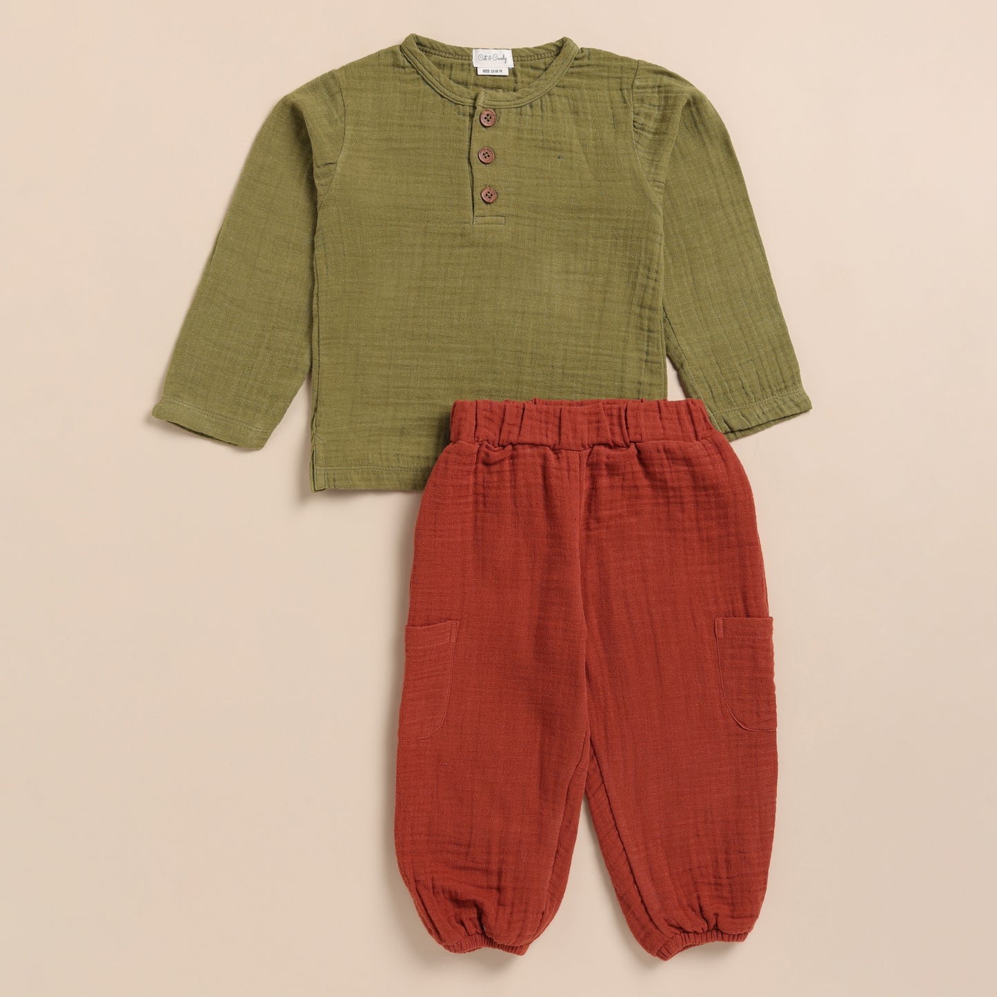 Olive + Picante Organic Muslin Long Sleeve Henley Tshirt With Lounge Pant Set