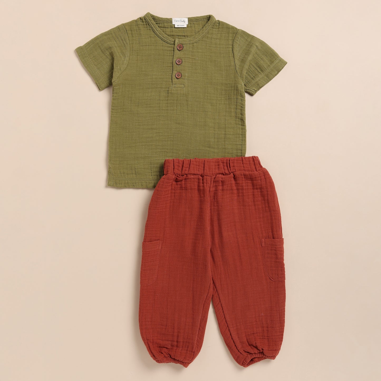 Olive + Picante Organic Muslin Short Sleeve Henley Tshirt With Lounge Pant Set