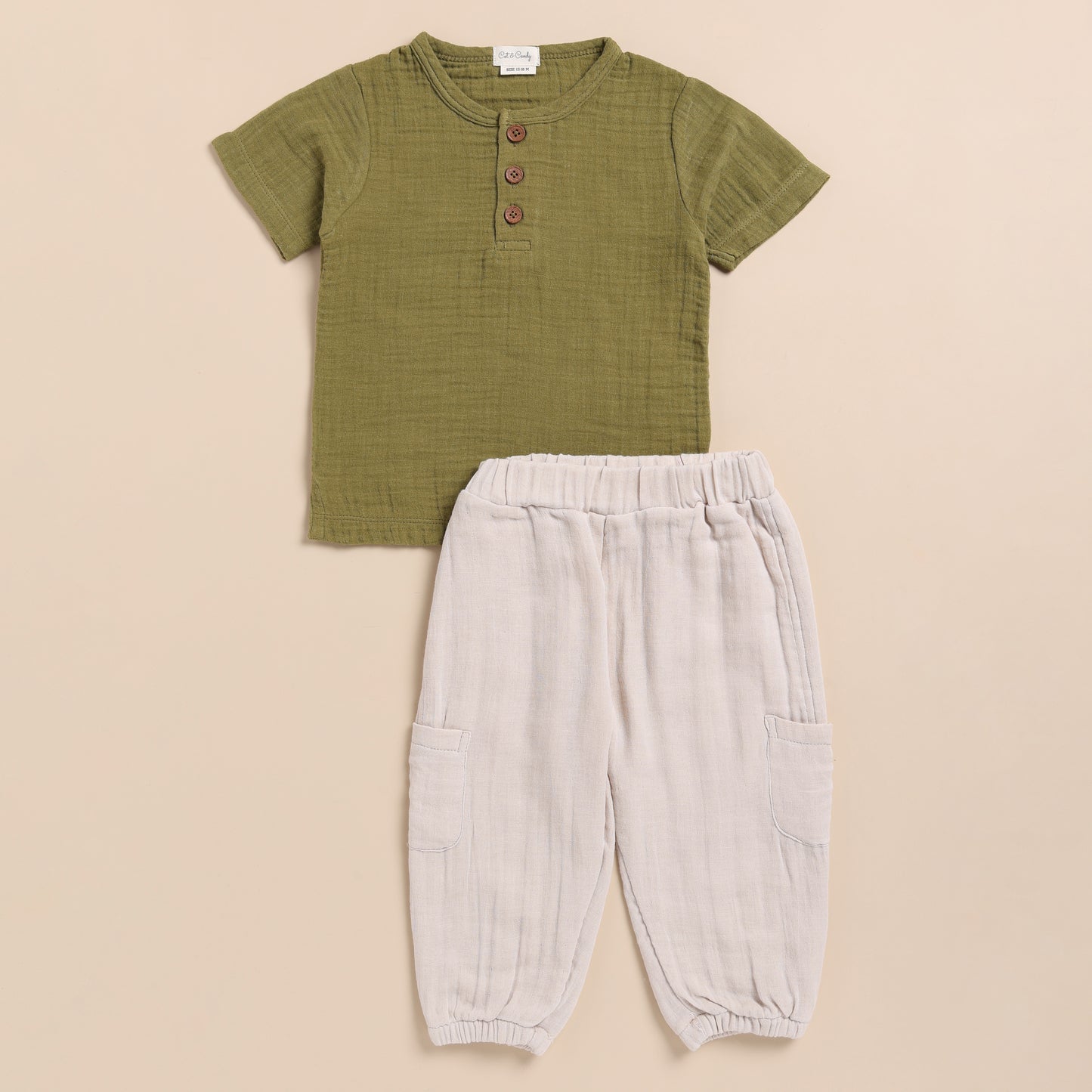 Olive + Oatmeal Organic Muslin Short Sleeve Henley Tshirt With Lounge Pant Set