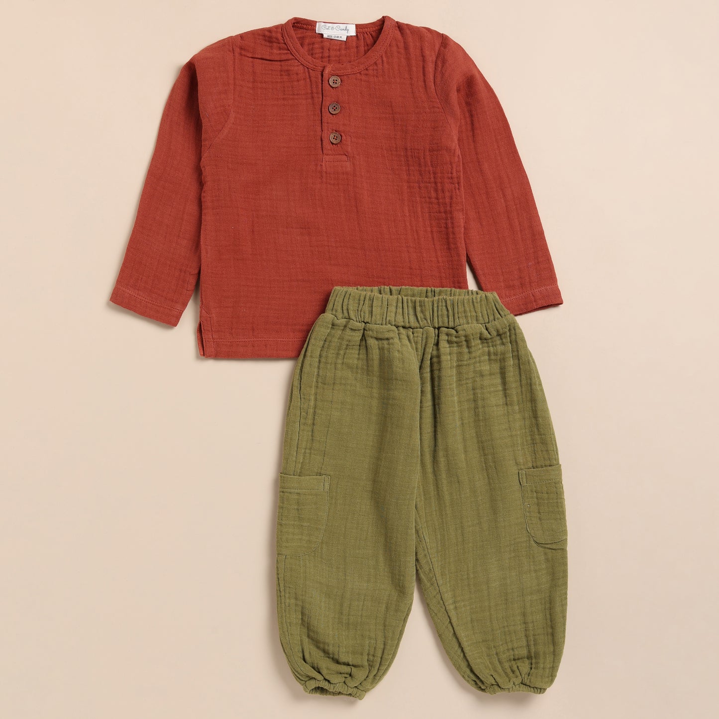 Picante + Olive Organic Muslin Long Sleeve Henley Tshirt With Lounge Pant Set