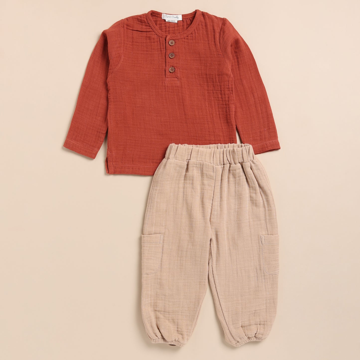 Picante + Latte Organic Muslin Long Sleeve Henley T-shirt With Lounge Pant Set