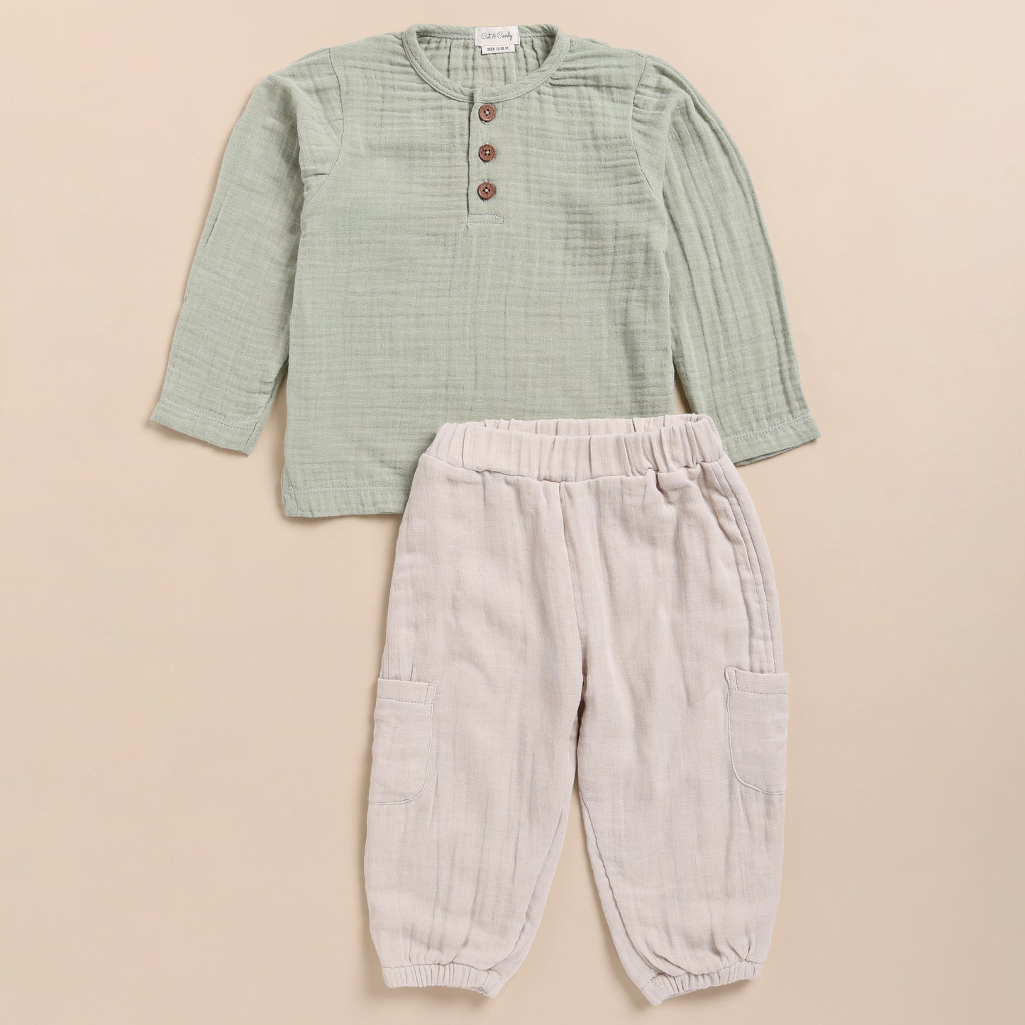 Sage + Oatmeal Organic Muslin Long Sleeve Henley Tshirt With Lounge Pant Set