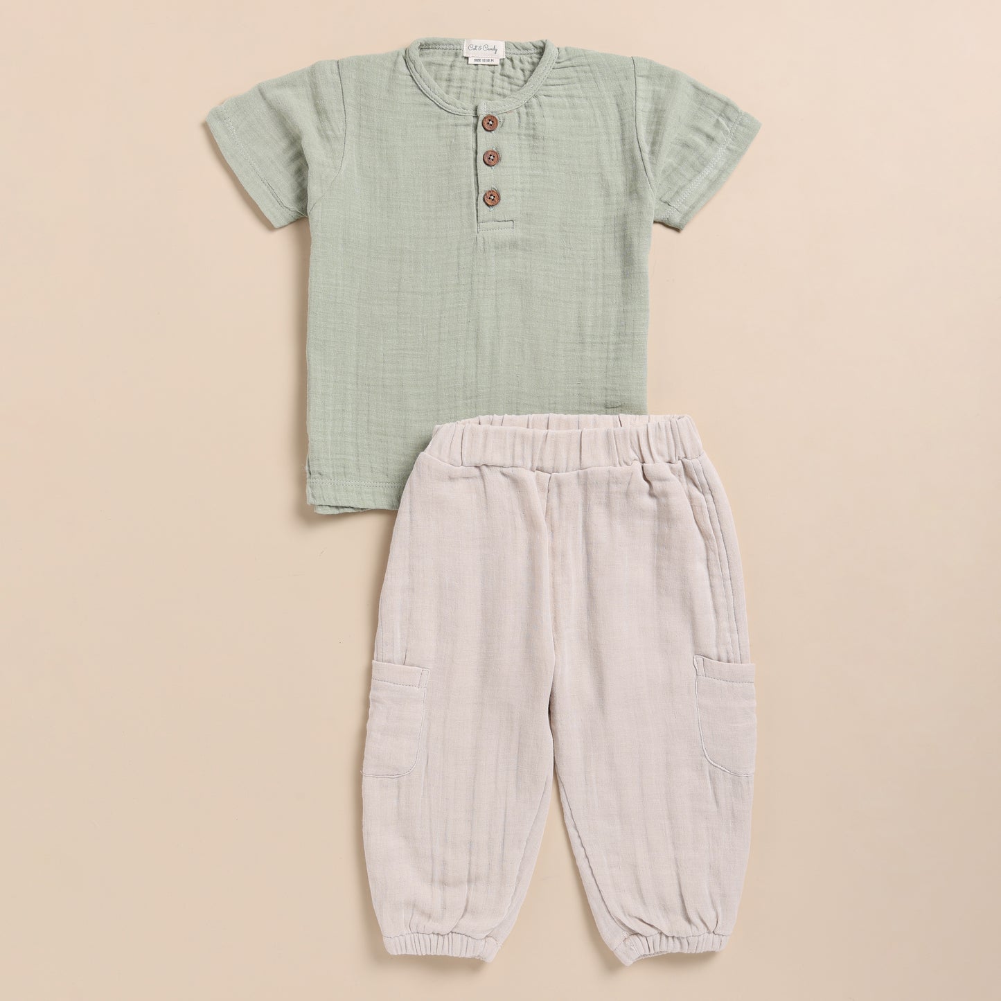 Sage + Oatmeal Organic Muslin Short Sleeve Henley Tshirt With Lounge Pant Set