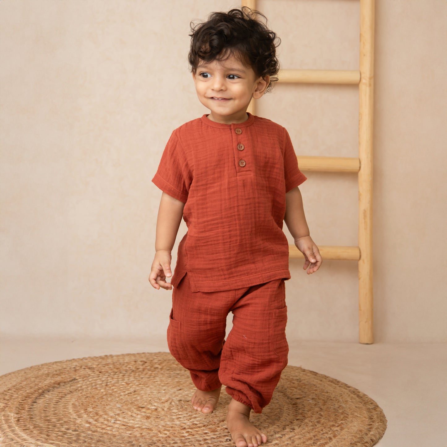 Picante Organic Muslin Long Sleeve Henley Tshirt With Lounge Pant Set