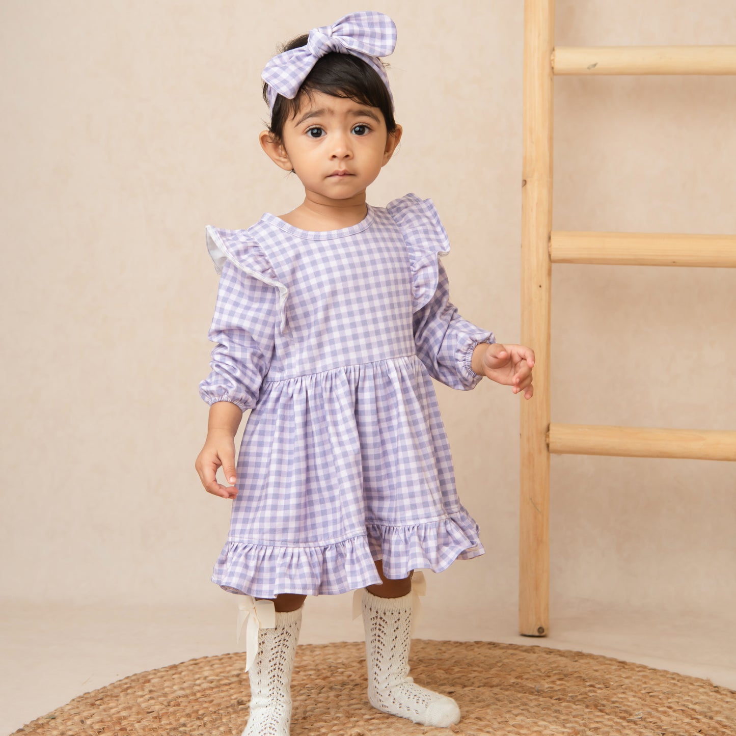 Orchid Gingham Organic Long Sleeve Ruffle Dress