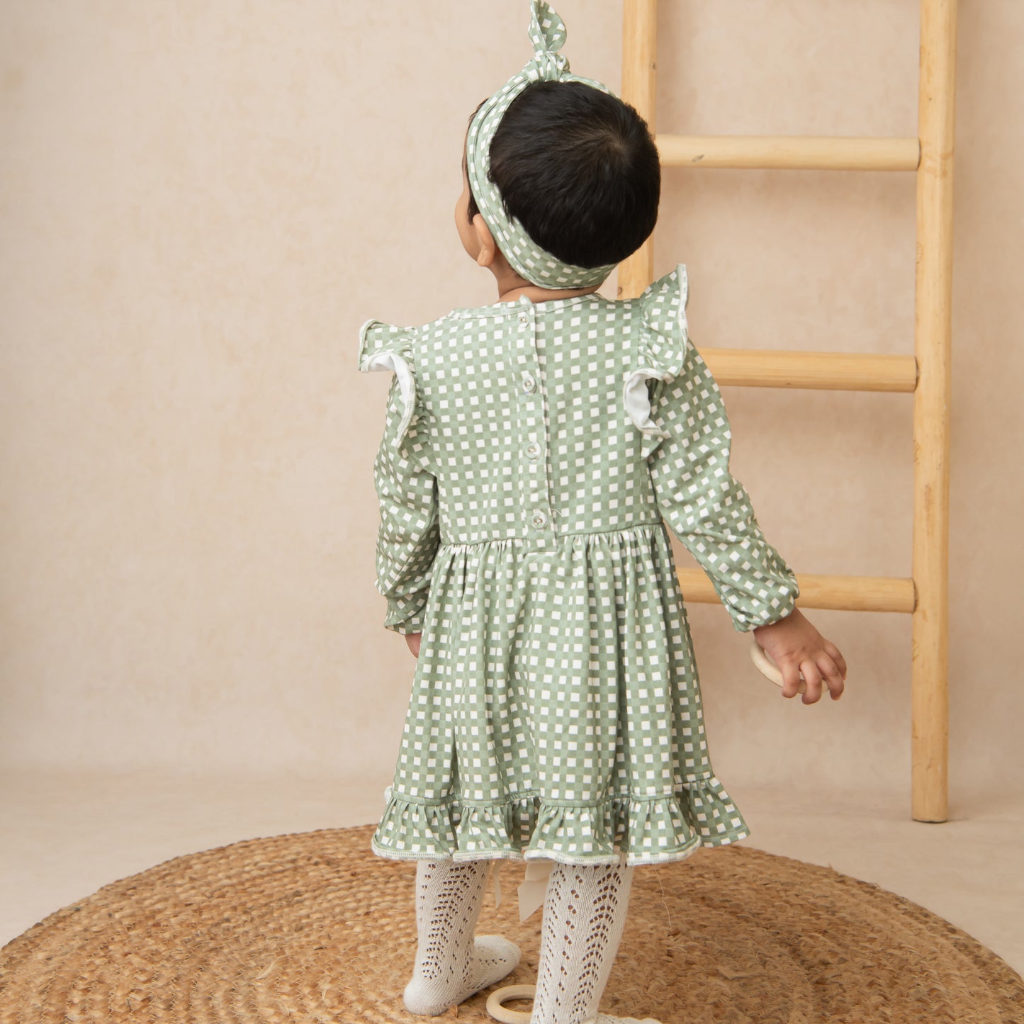 Mineral Gingham Organic Long Sleeve Ruffle Dress