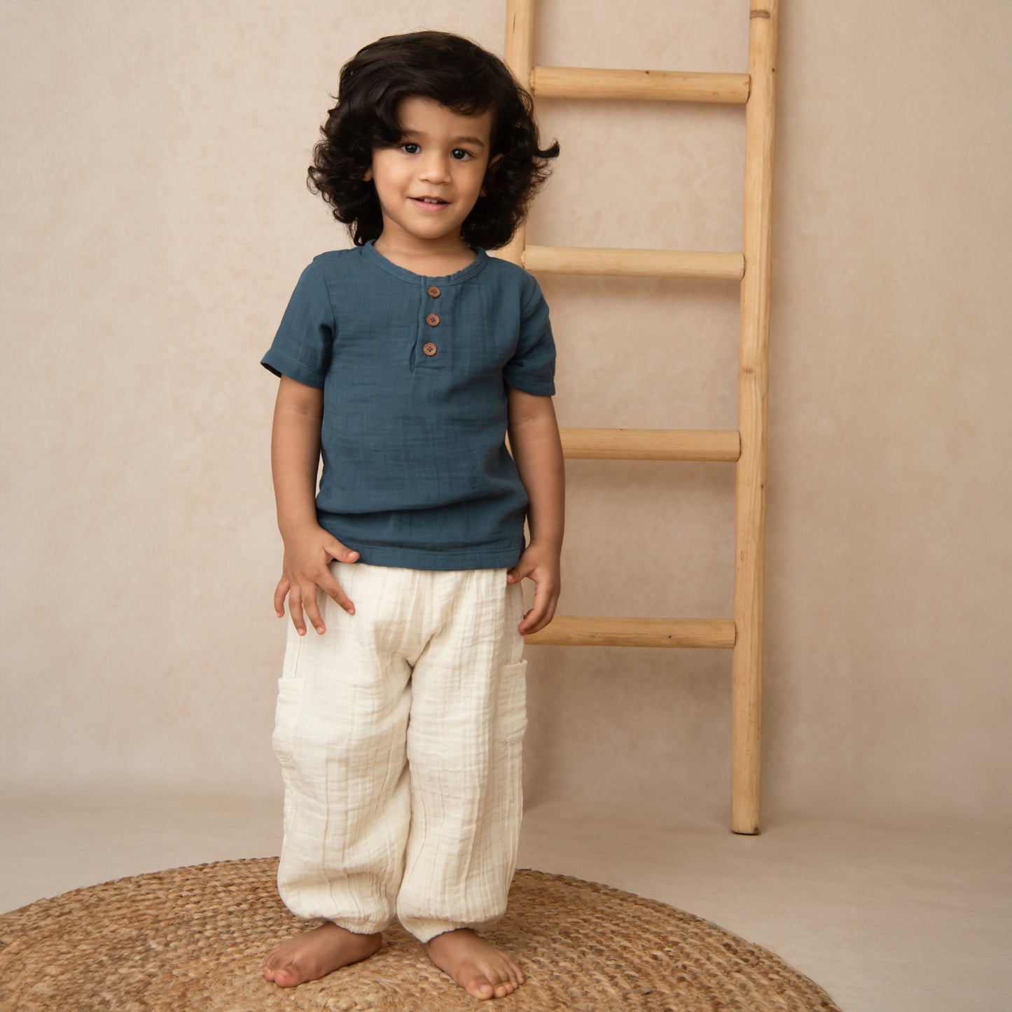 Navy + Oatmeal Organic Muslin Short Sleeve Henley Tshirt With Lounge Pant Set