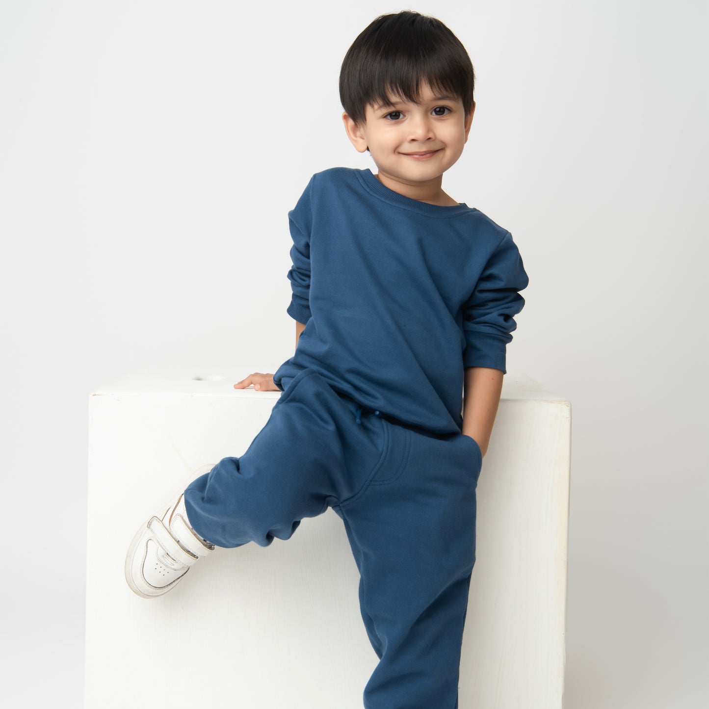 Shop dark blue color organic fleece relaxed jogger for your 6-12 months baby - CotandCandyBaby
