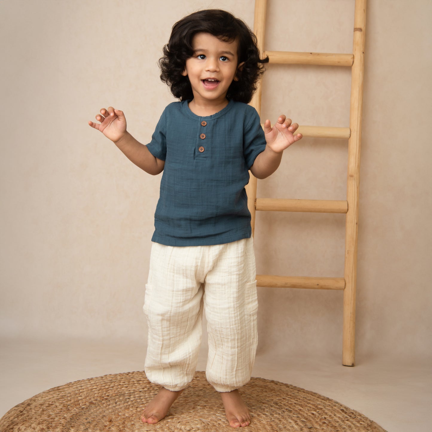 Navy + Oatmeal Organic Muslin Short Sleeve Henley Tshirt With Lounge Pant Set