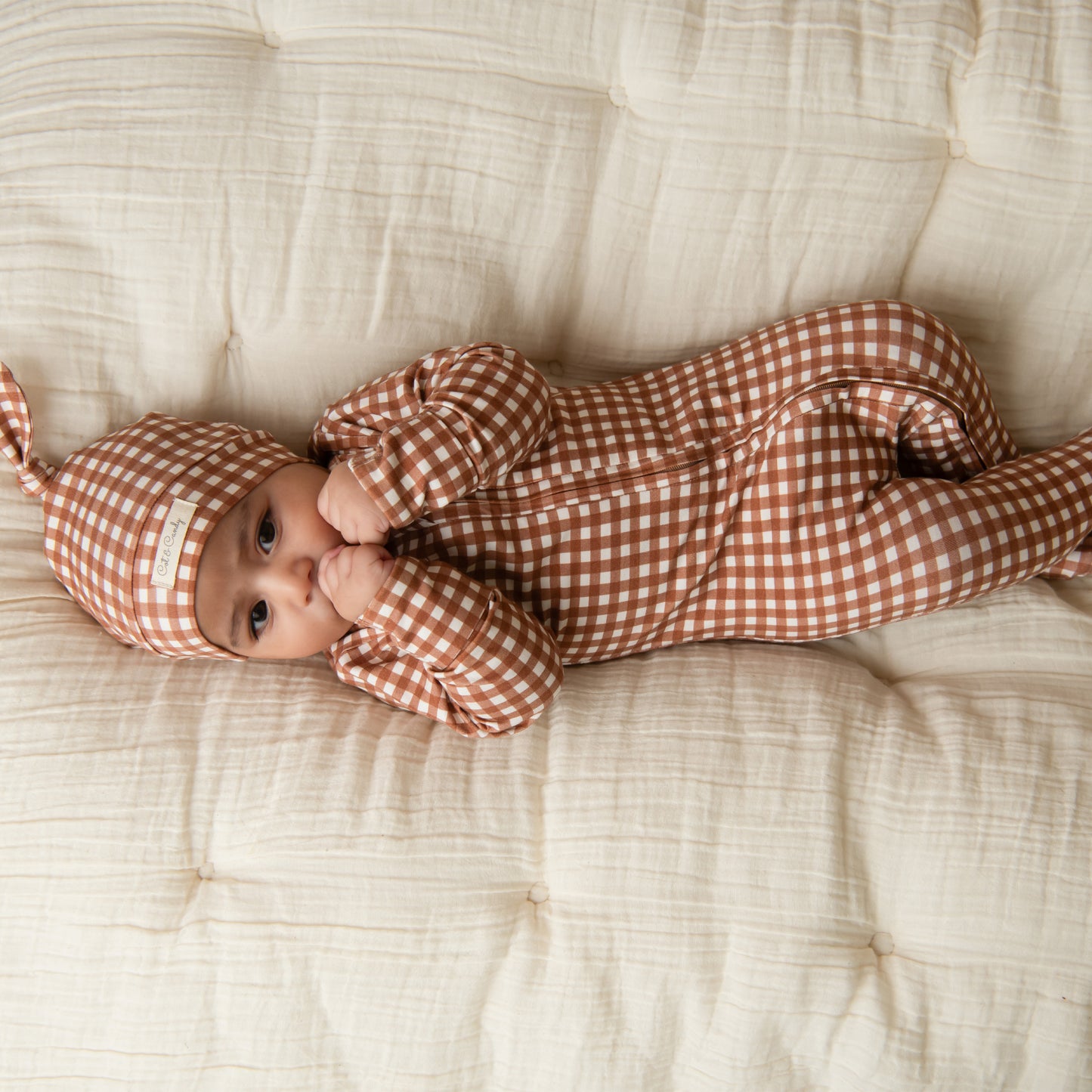 Ginger Gingham Organic Zipsuit With Beanie