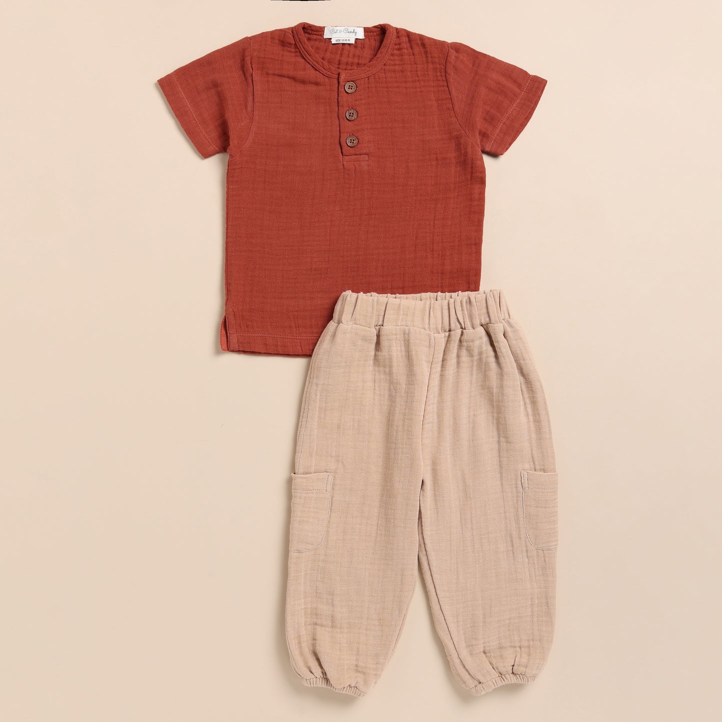 Picante + Latte Organic Muslin Henley Short Sleeve Tshirt with Lounge Pant Set