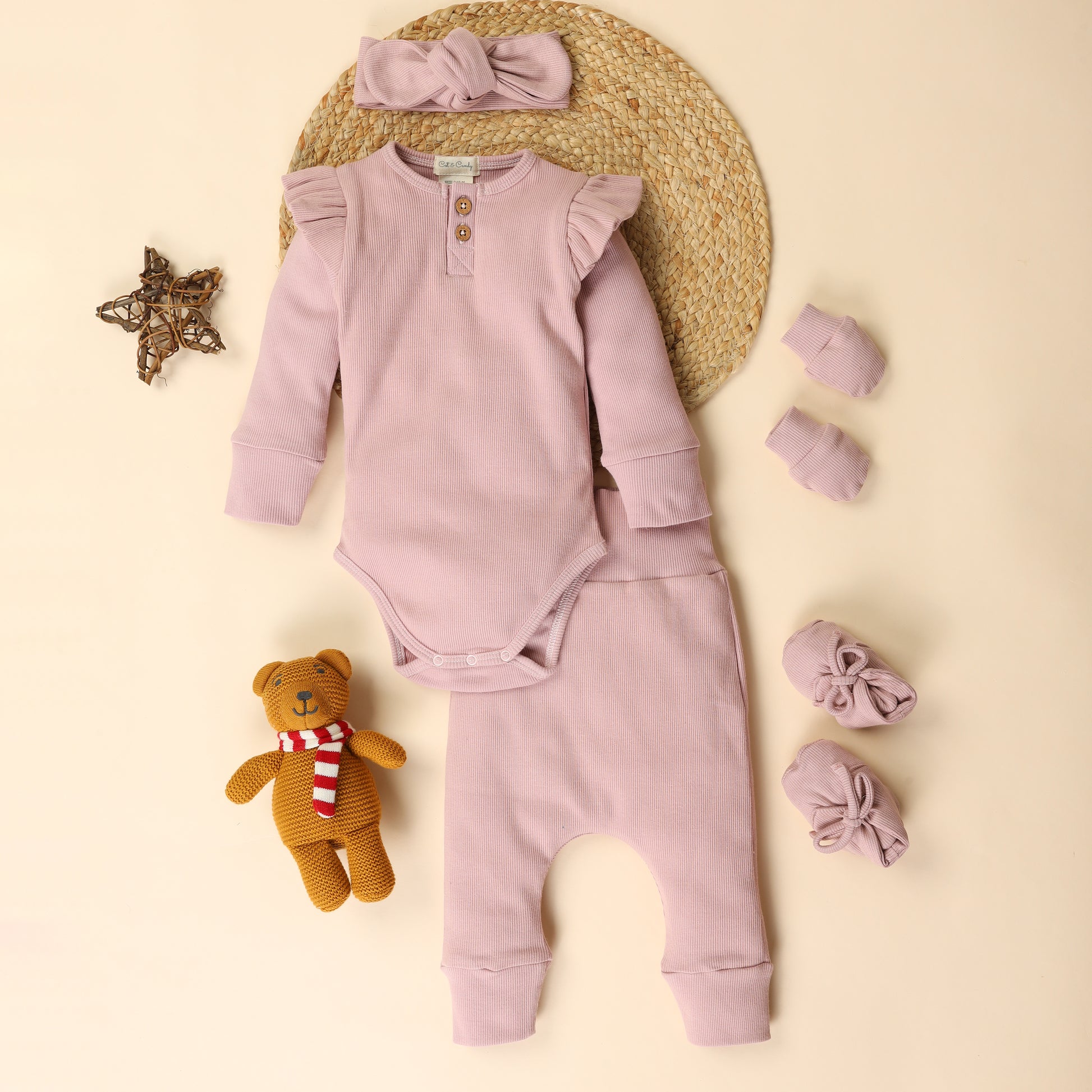 Pack Of 5 Blush Pink Organic cotton Full Sleeve Bodysuit with leggings