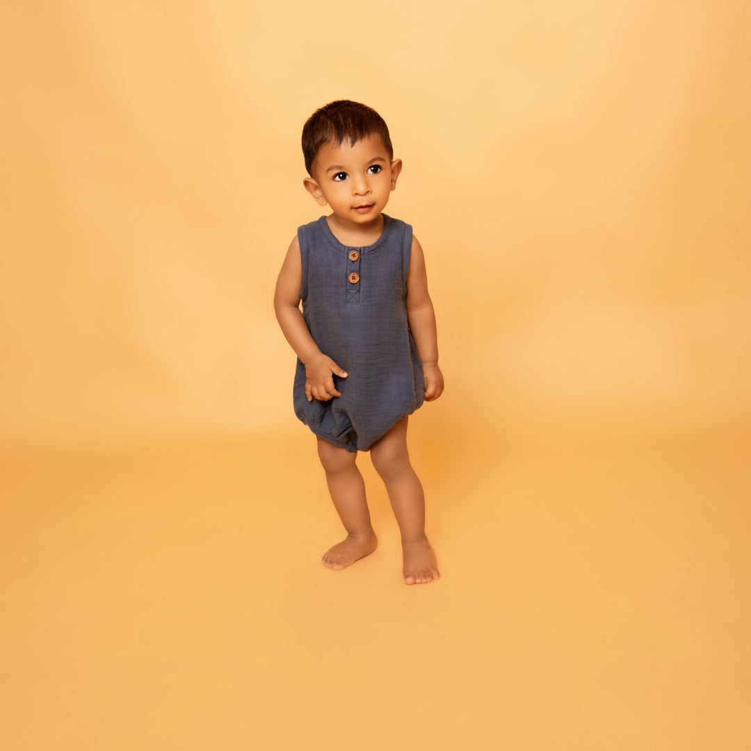 Navy Organic Muslin Bubble Romper