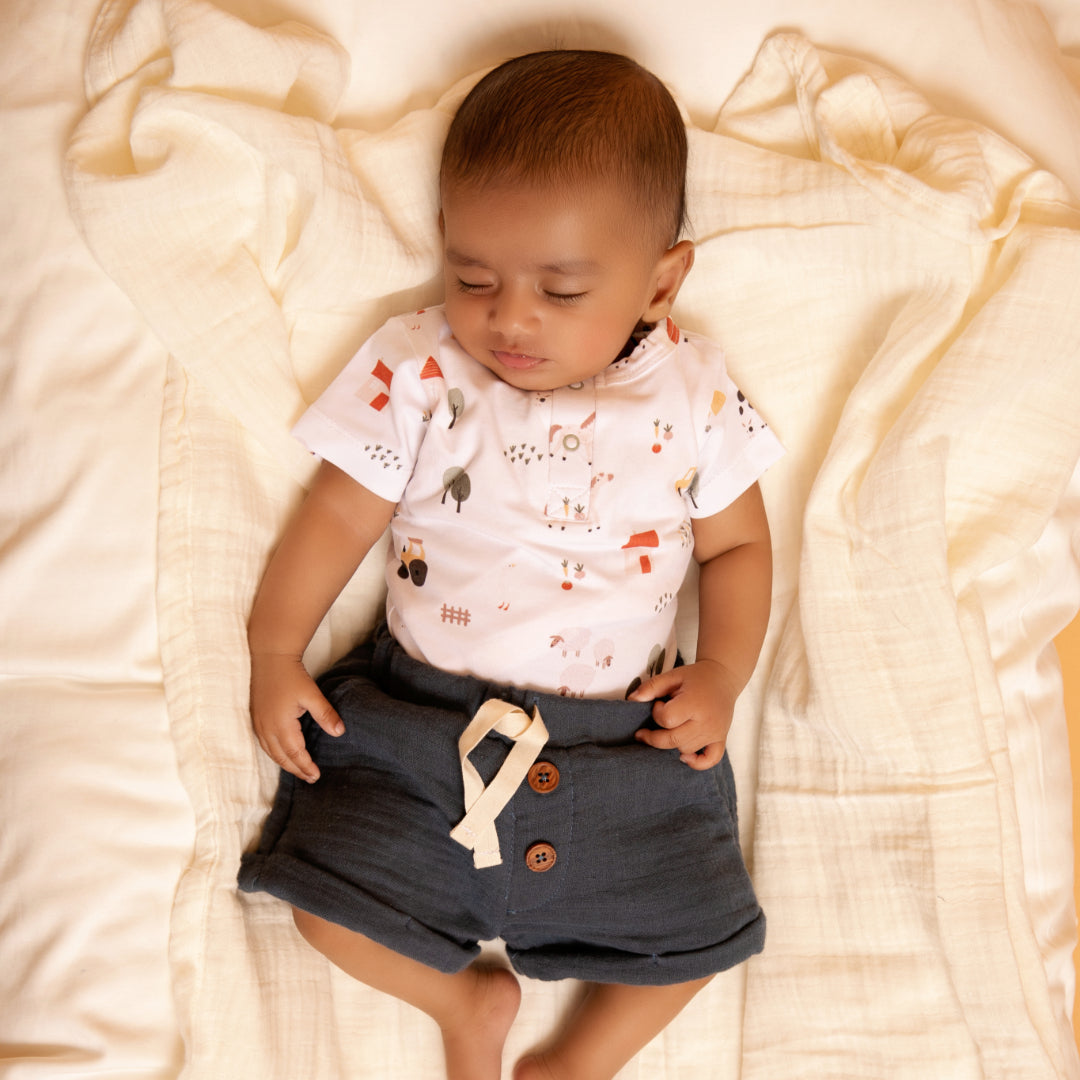 Denim Organic Muslin Turn-up Shorts for 0-3 months baby