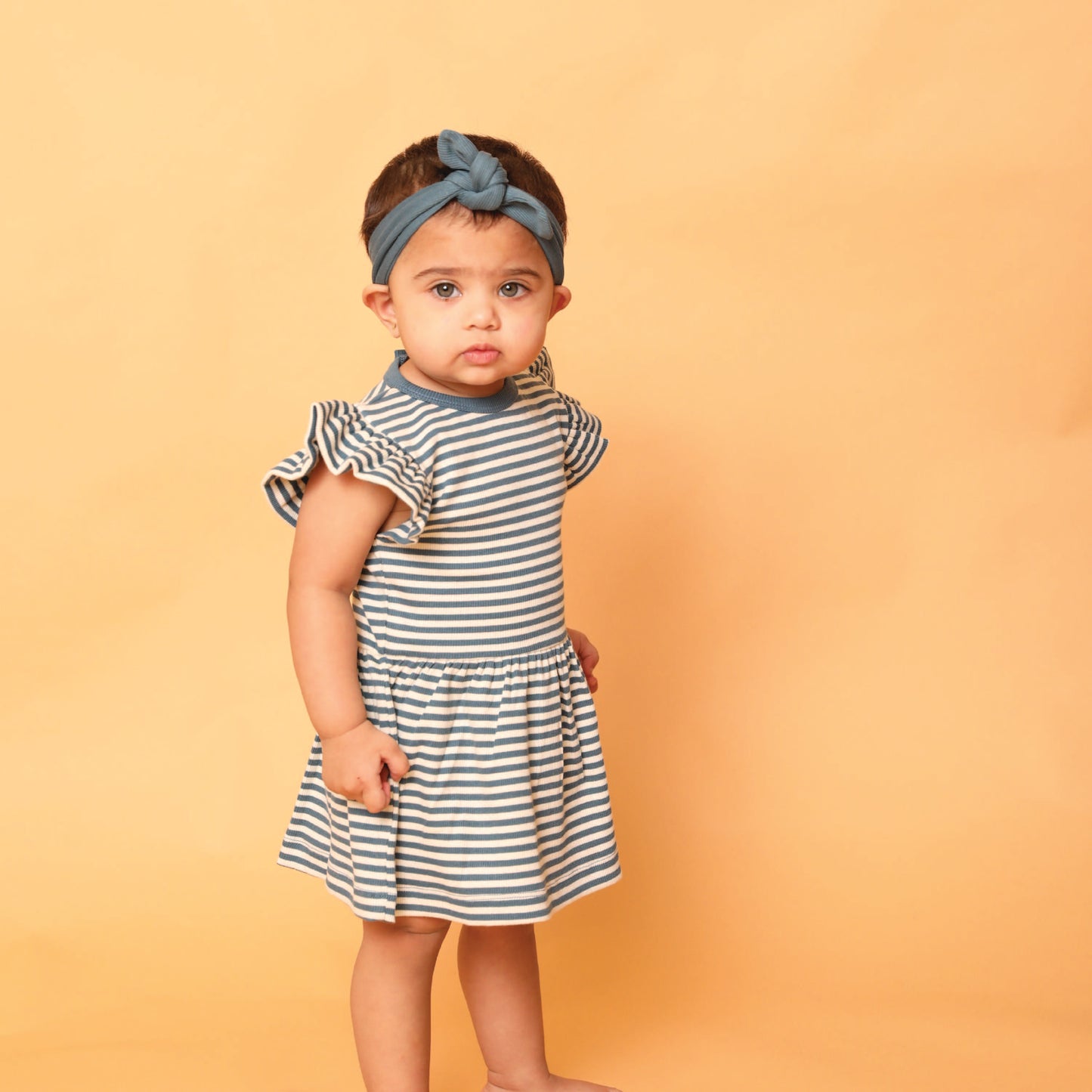Teal Stripe Organic Short Sleeve Dress With Frill for newborn to 3 months baby