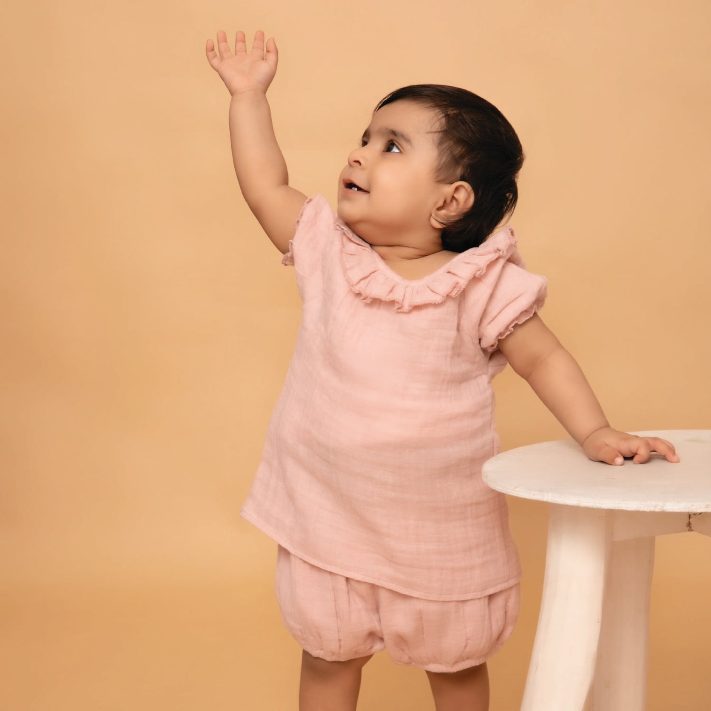 Blush Pink Organic Muslin Frill Top With Bloomers