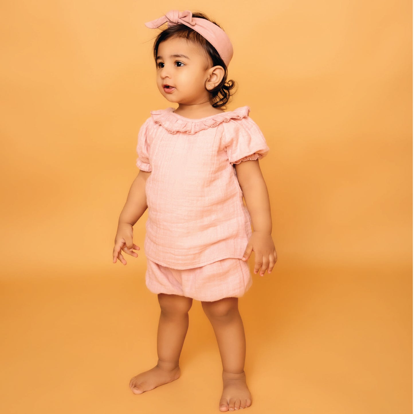 Blush Pink Organic Muslin Frill Top With Bloomers