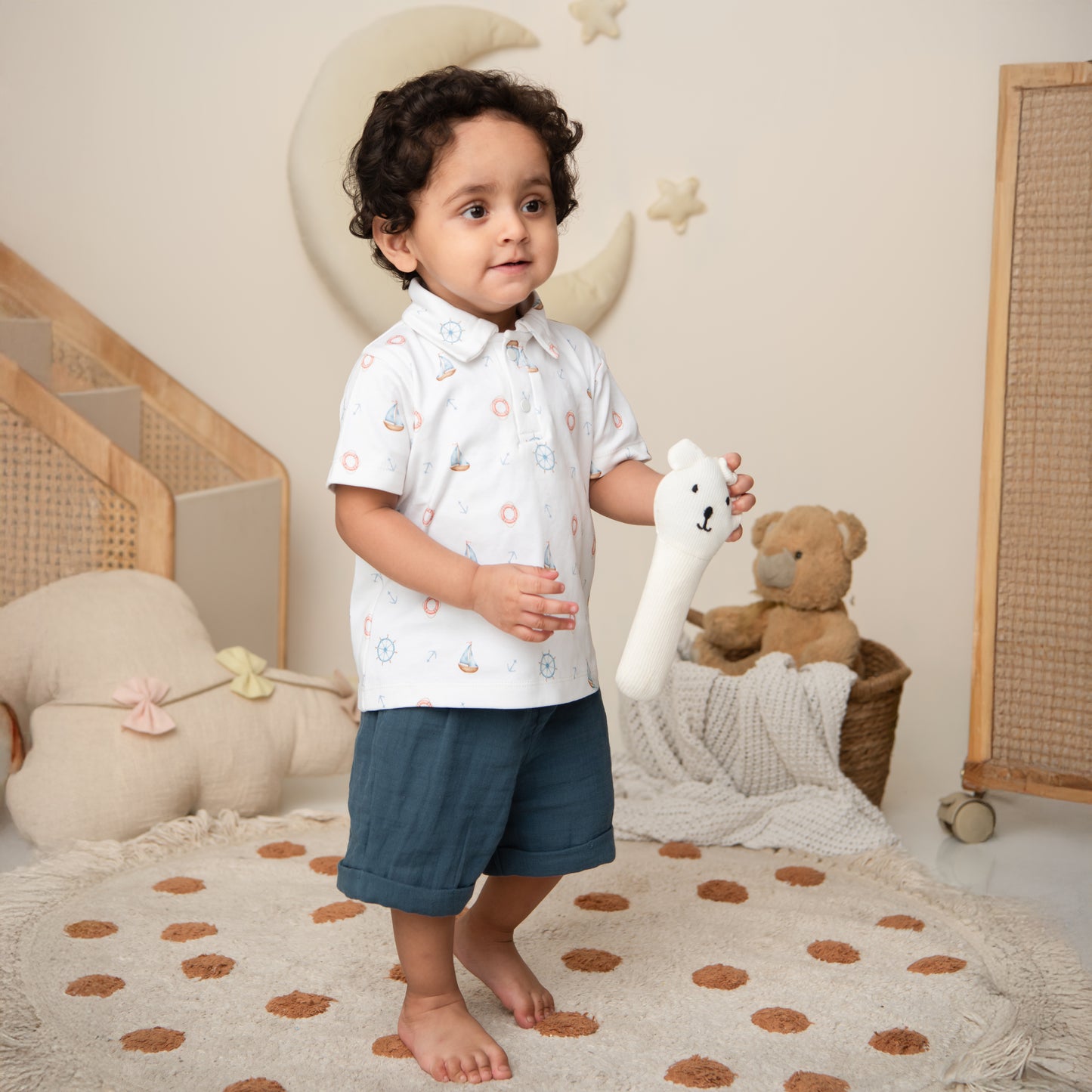 Little Sailor Print Organic Polo T-Shirt With Turn-up Shorts