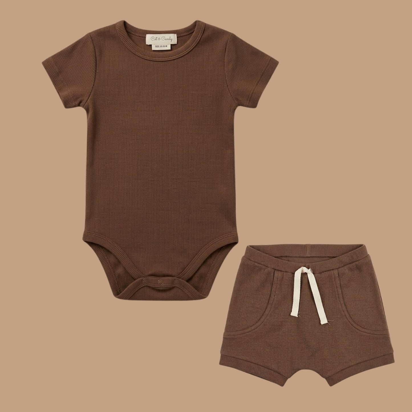 Chocolate Organic Short Sleeve Bodysuit With Drawstring Shorts