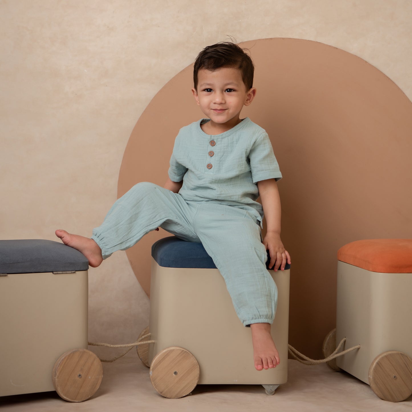 Teal Organic Muslin Short Sleeve Henley T-shirt With Lounge Pant Set