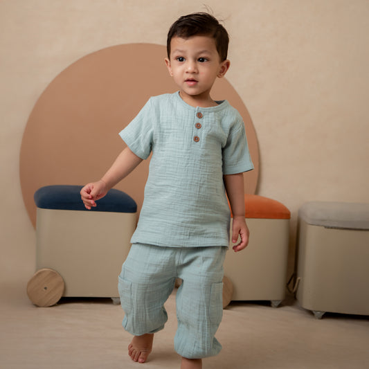 Teal Organic Muslin Short Sleeve Henley T-shirt With Lounge Pant Set