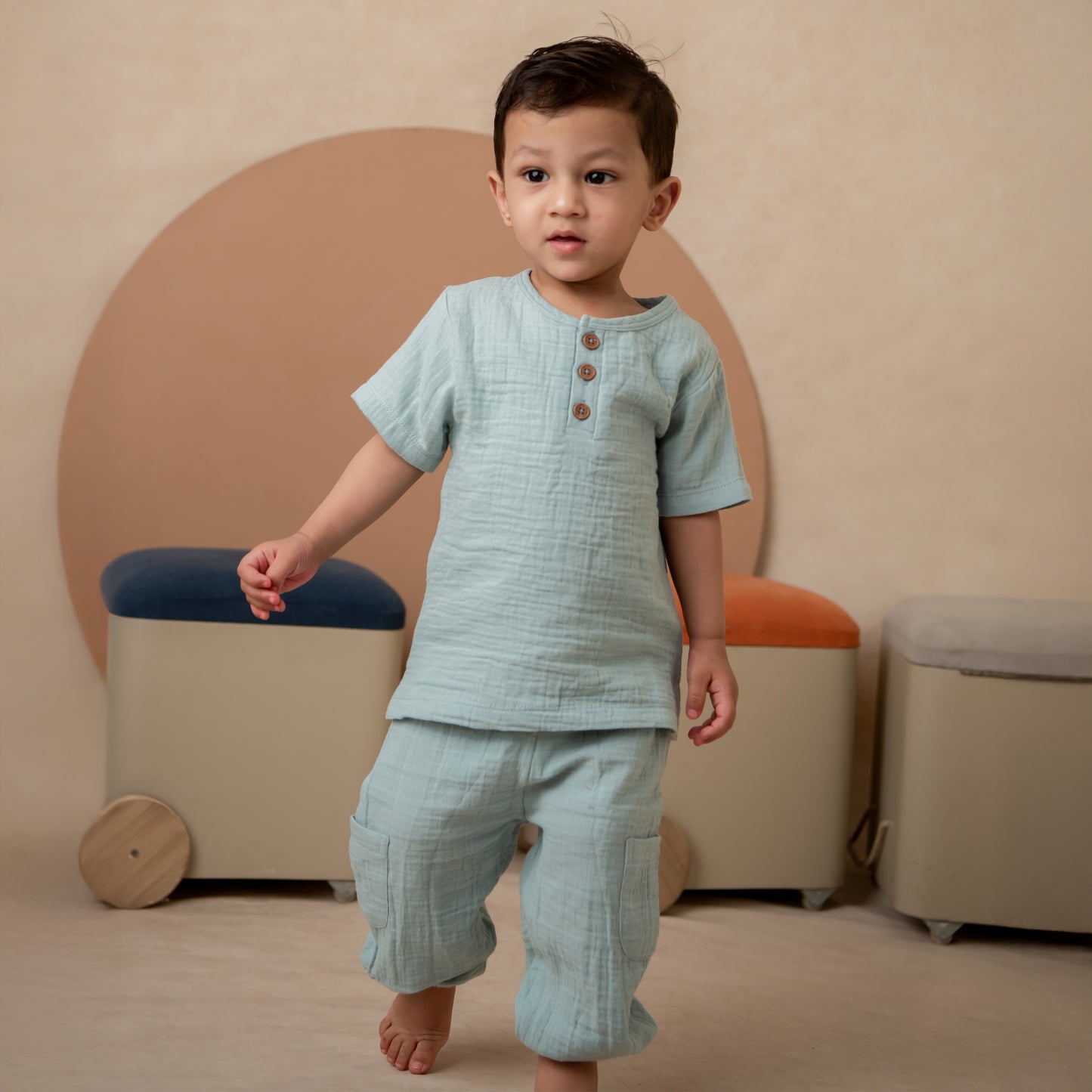 Teal Organic Muslin Short Sleeve Henley T-Shirt