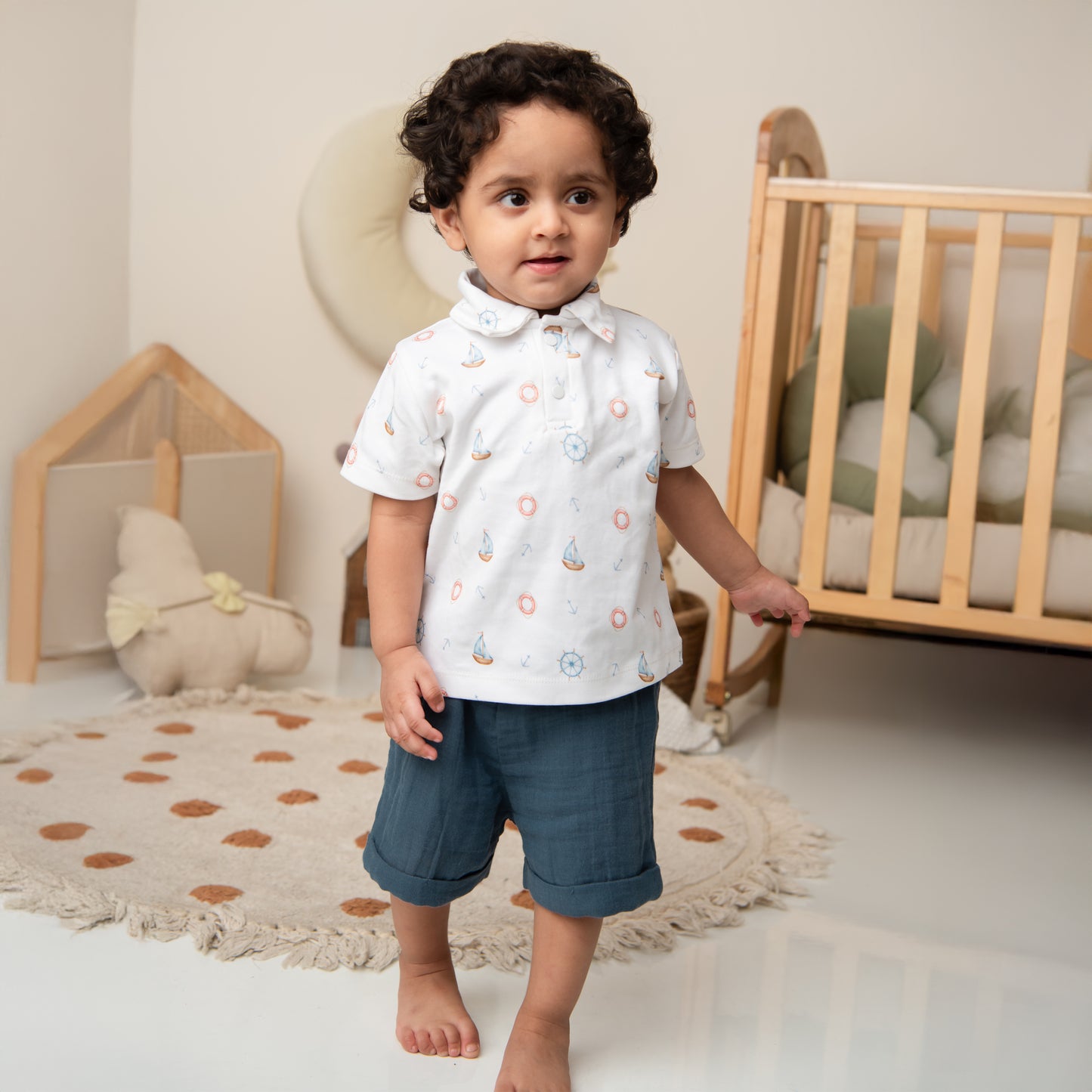 Navy Organic Muslin Turn-up Shorts