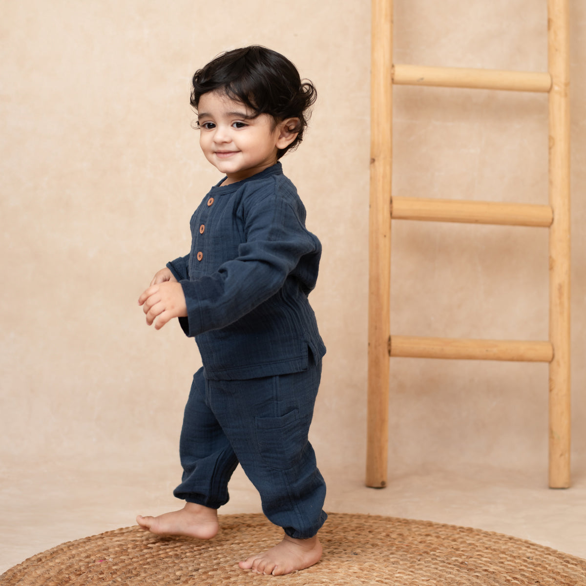 Denim Organic Muslin Long Sleeve Henley T-shirt With Lounge Pant Set