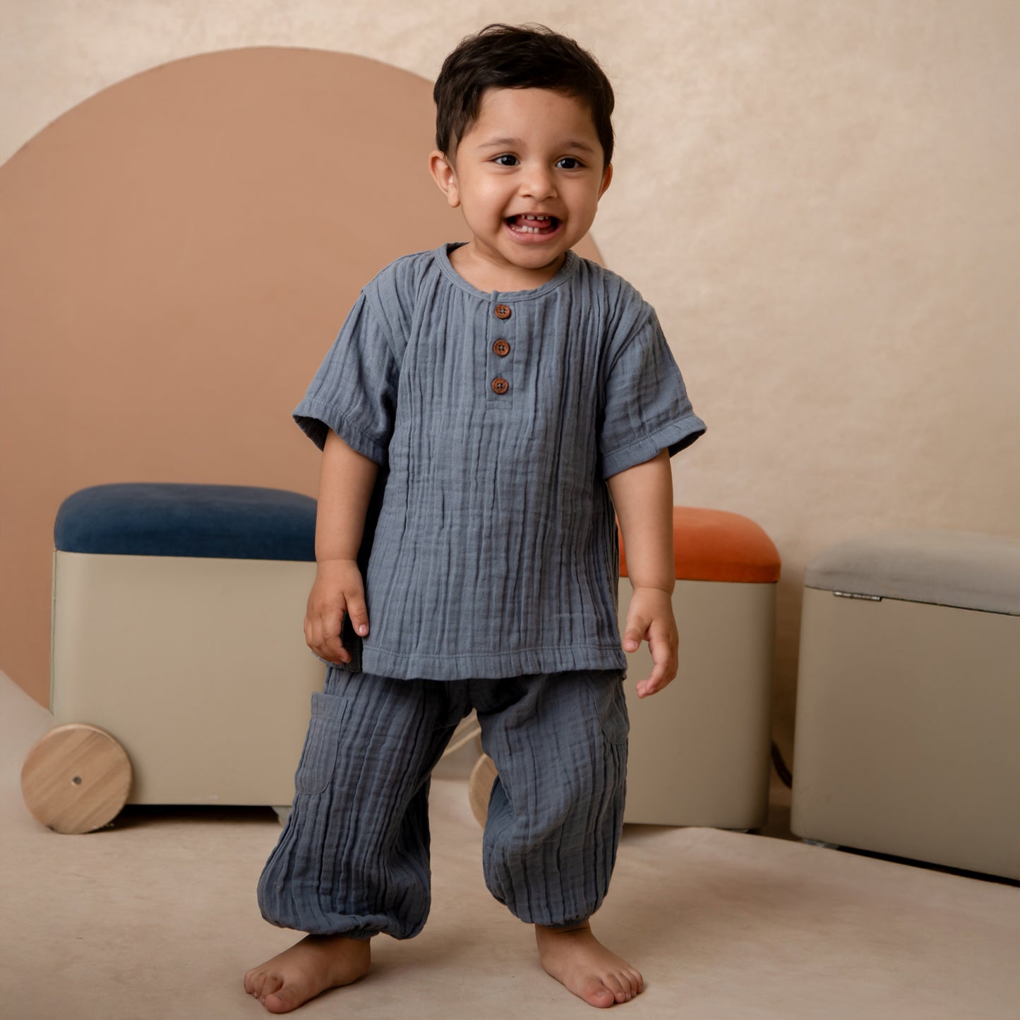 Aqua Organic Muslin Short Sleeve Henley T-shirt With Lounge Pant Set