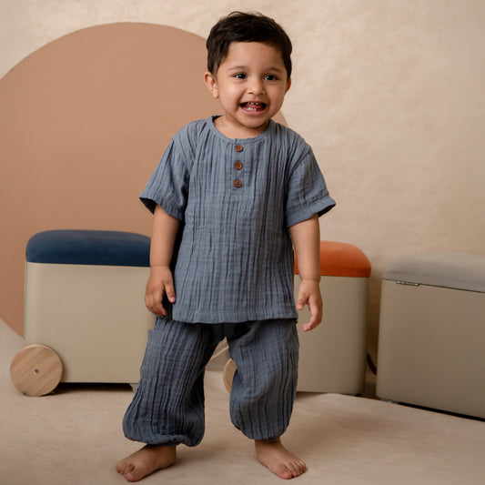 Aqua Organic Muslin Short Sleeve Henley T-shirt With Lounge Pant Set