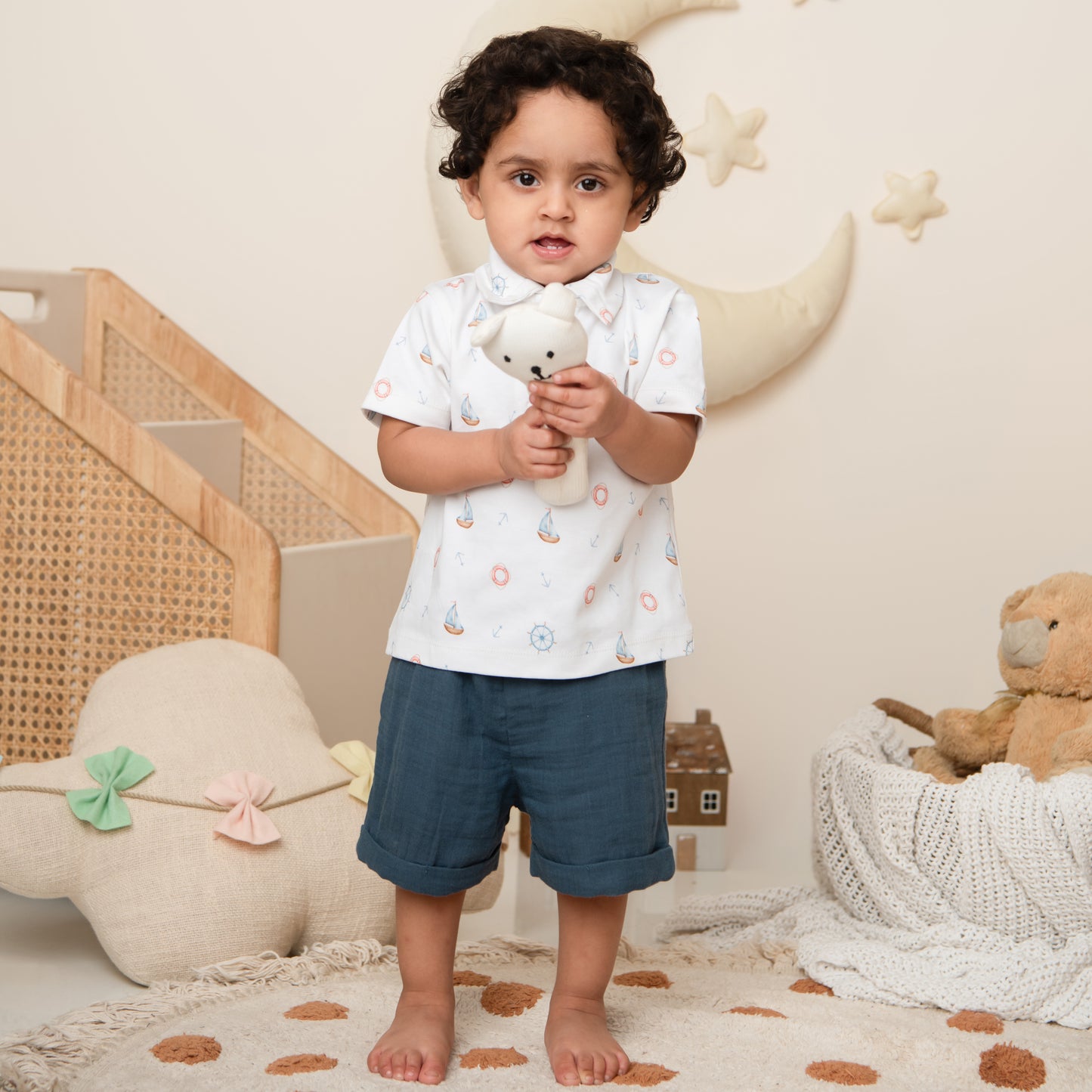 Navy Organic Muslin Turn-up Shorts
