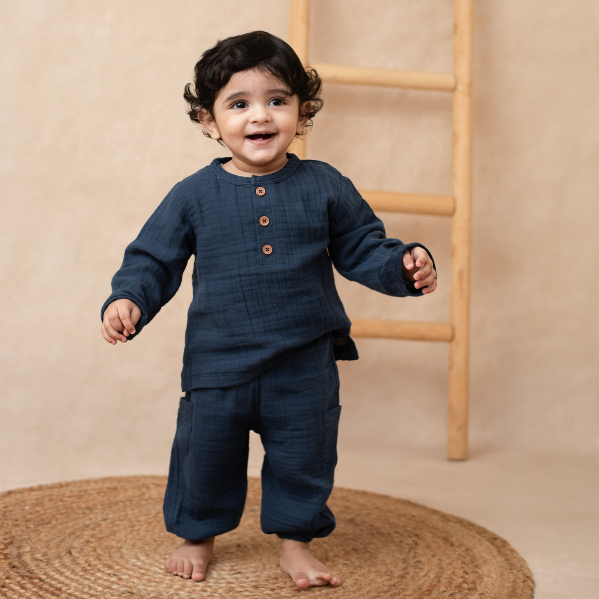 Denim Organic Muslin Long Sleeve Henley T-shirt With Lounge Pant Set