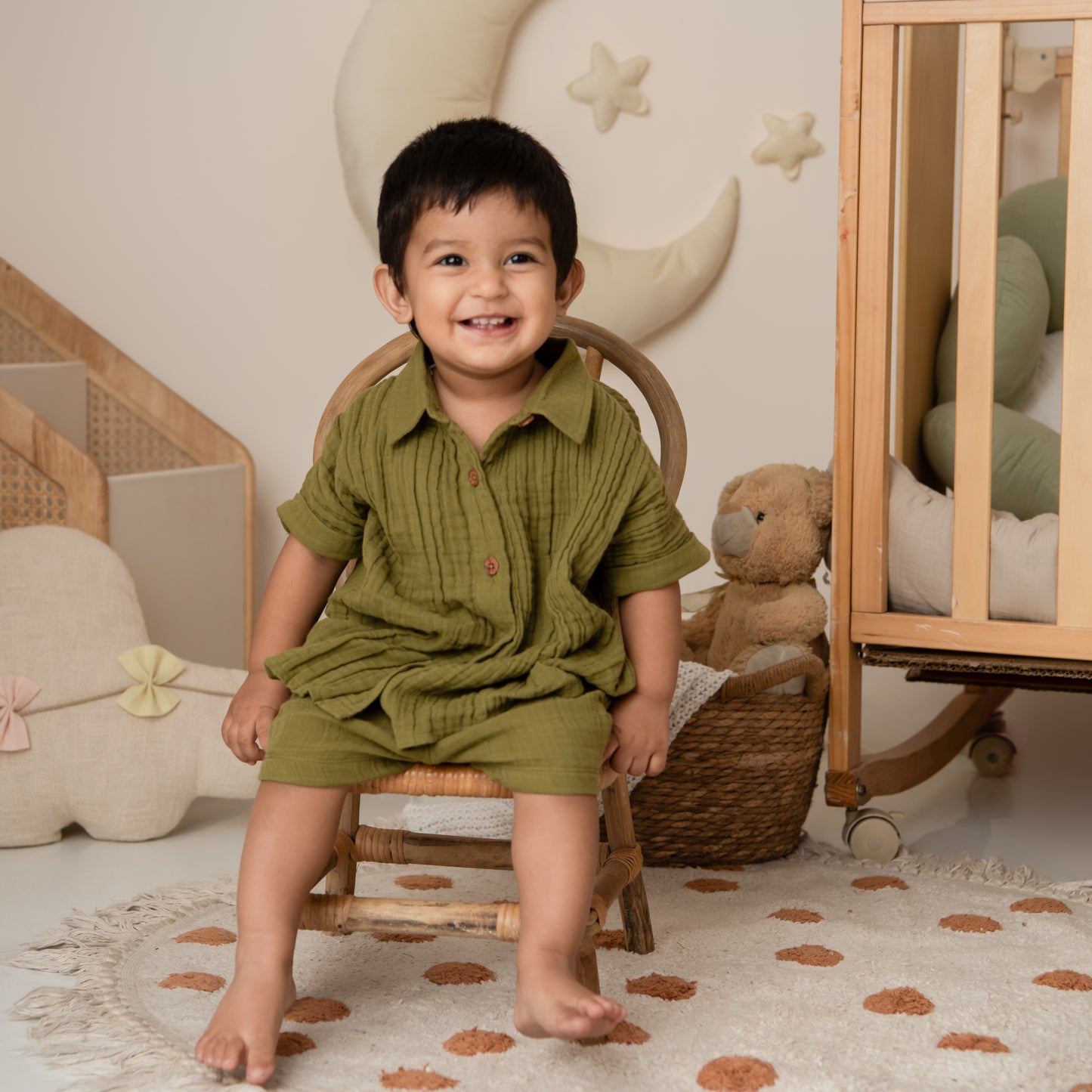 Olive Organic Muslin Jhabla Set Oversized Shirt with shorts