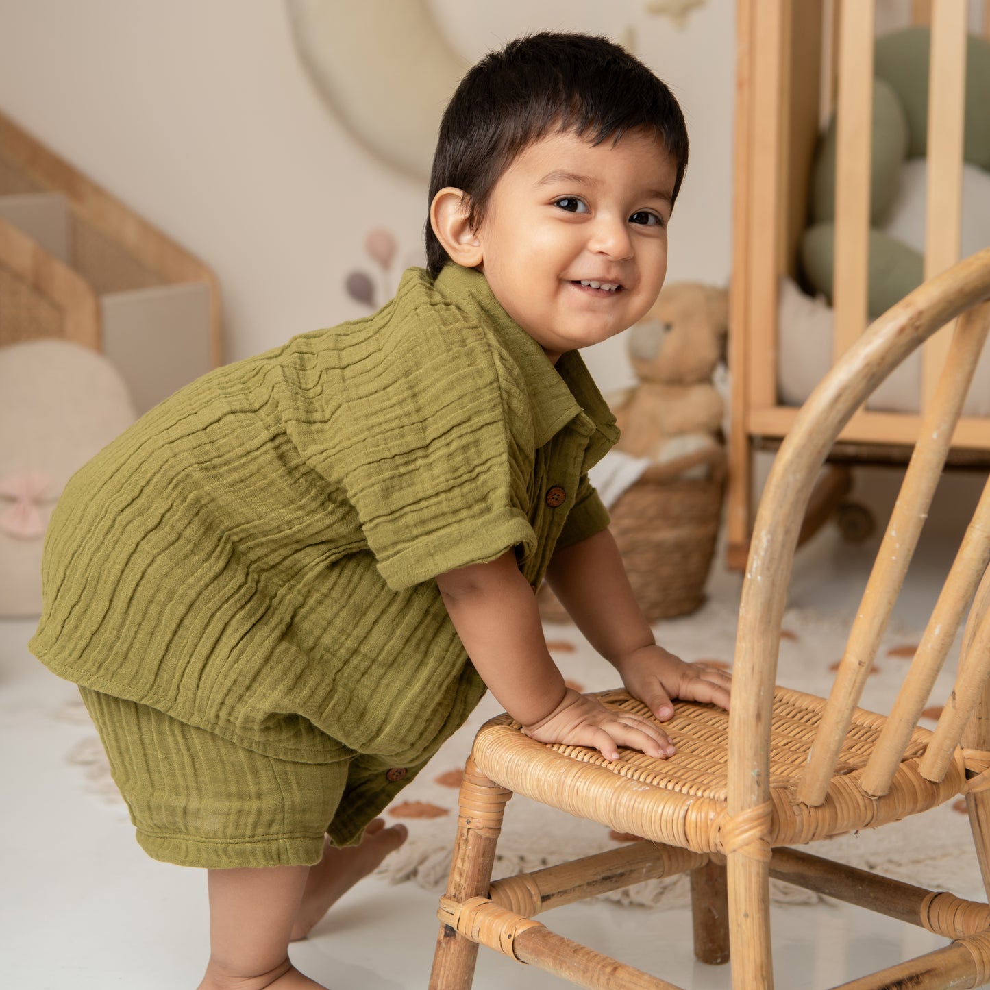 Olive Organic Muslin Jhabla Set Oversized Shirt with shorts