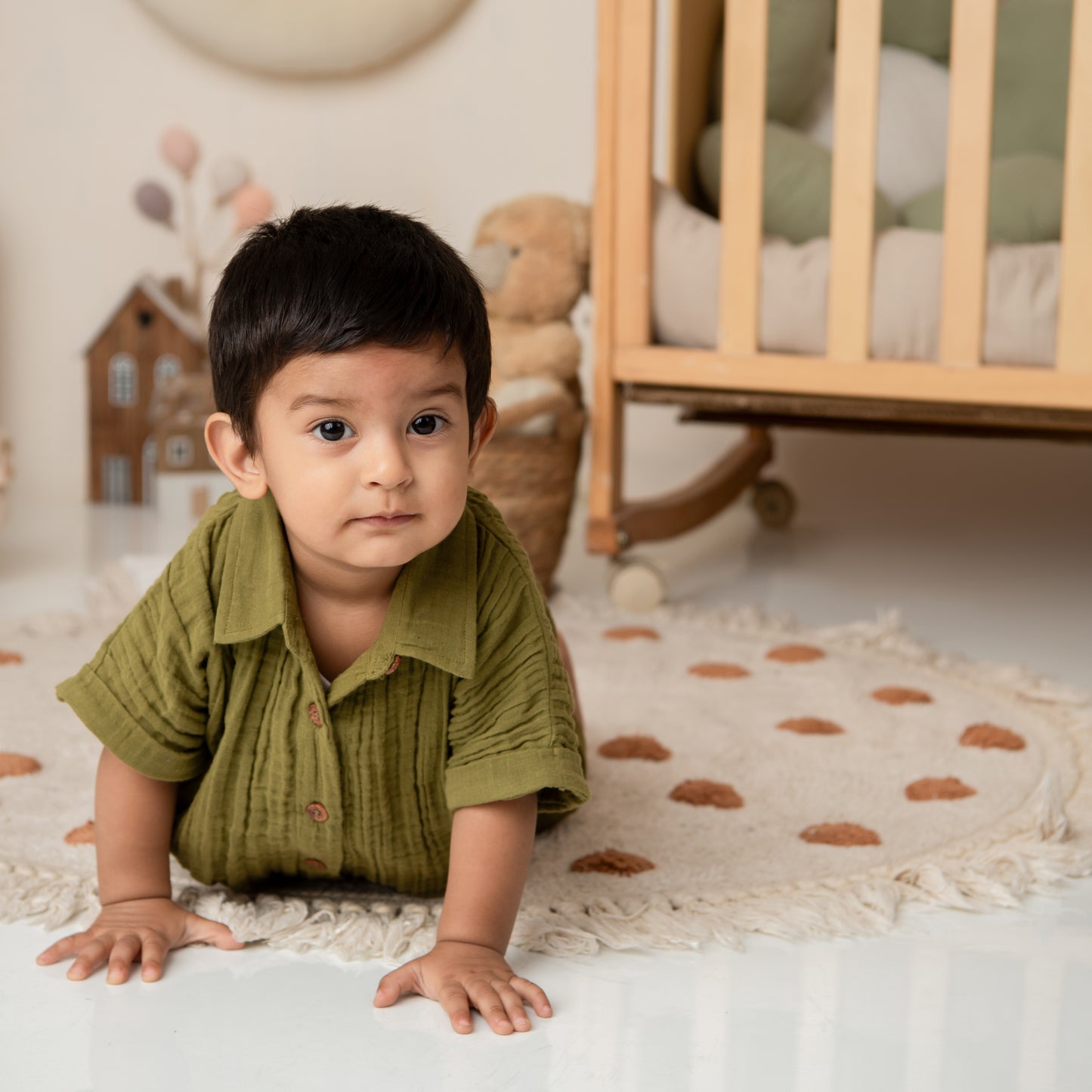 Olive Organic Muslin Jhabla Set Oversized Shirt with shorts