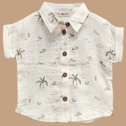 Palm Breezy Print Organic Muslin Oversized Shirt
