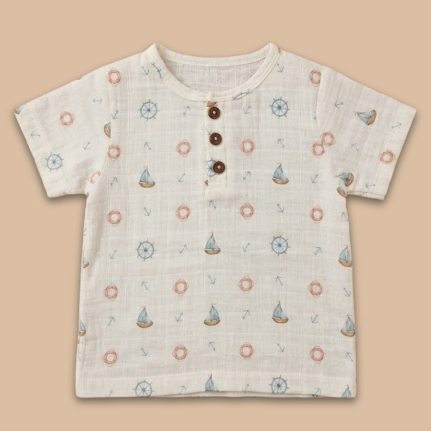 Little Sailor Print Organic Muslin Short Sleeve Henley T-Shirt