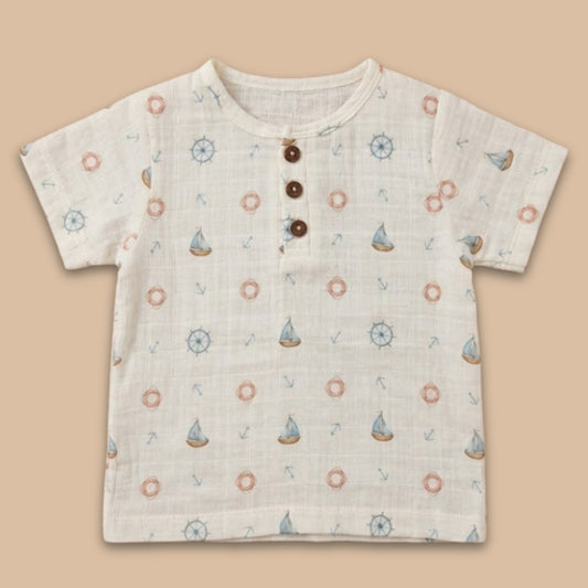 Little Sailor Print Organic Muslin Short Sleeve Henley T-Shirt