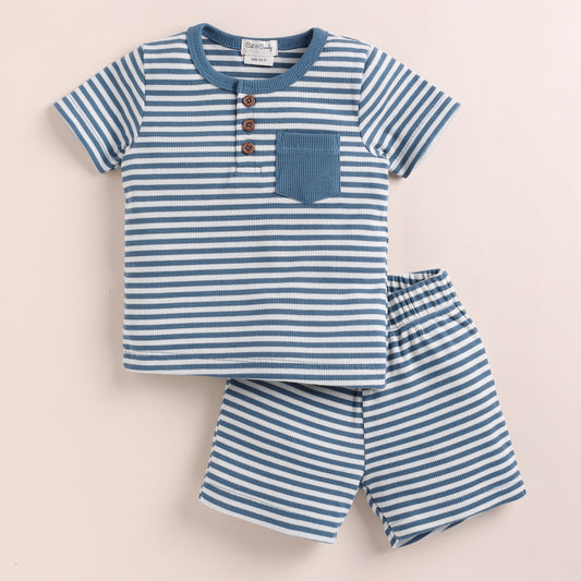 Teal Stripe Organic CORD SET Shorts And Short Sleeve Tshirt