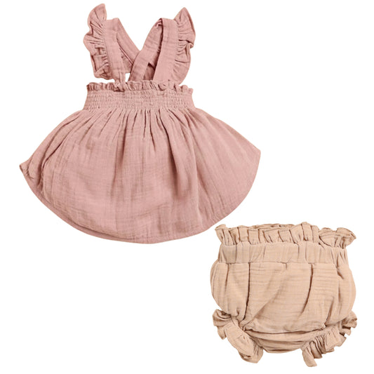 Blushpink + Latte Organic Muslin Sleeveless Frill Top With Bloomer Set