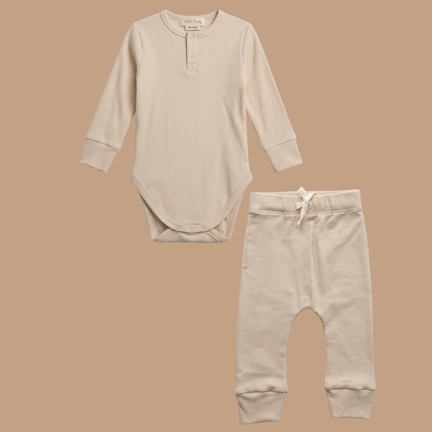 Almond Peach Organic Long Sleeve Bodysuit With Drawstring Leggings