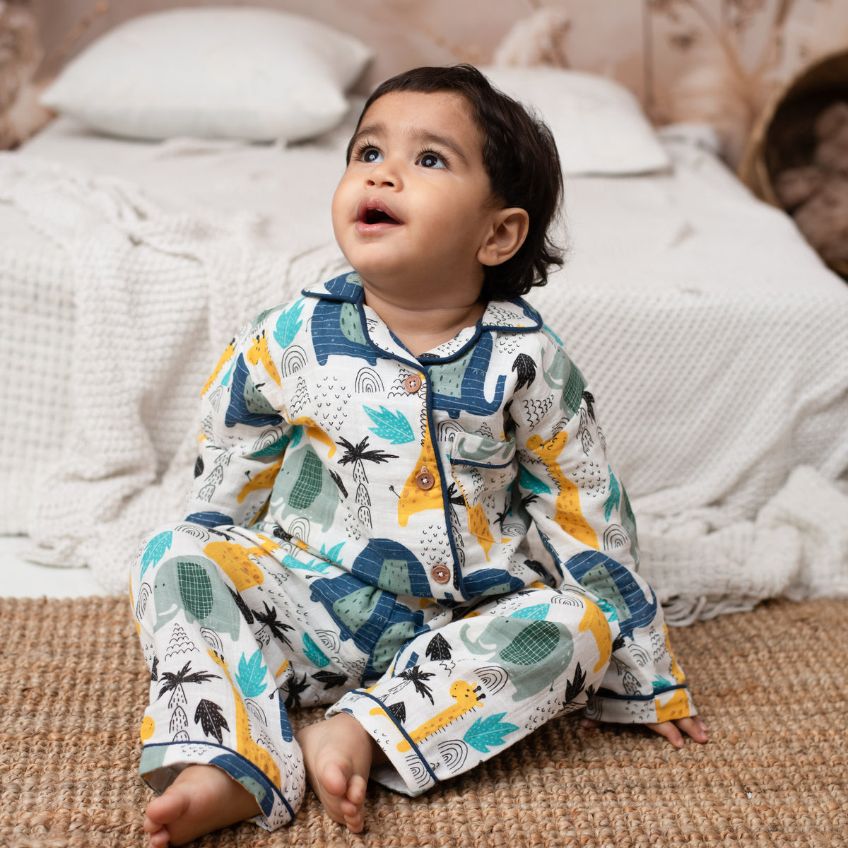 Elephant Print Organic Muslin Classic Collar PJ Set