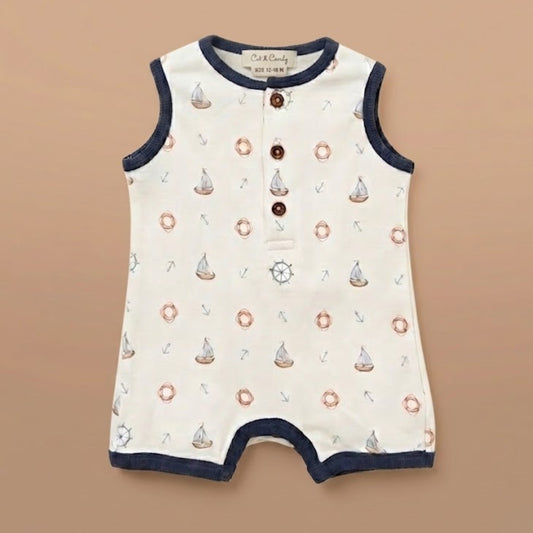Little Sailor Print Organic Half Romper