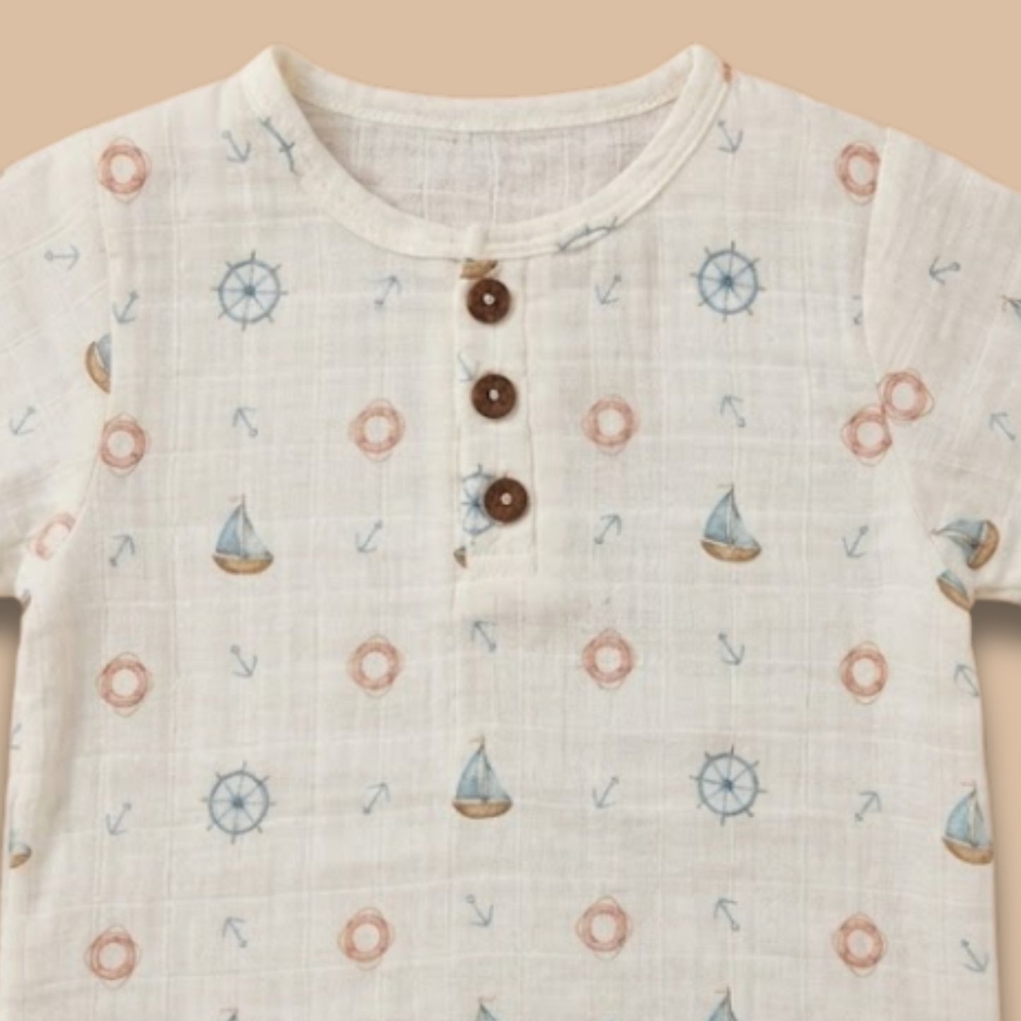 Little Sailor Print Organic Muslin Short Sleeve Henley T-Shirt